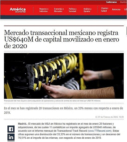Mercado transaccional mexicano registra US$640M de capital movilizado en enero de 2020